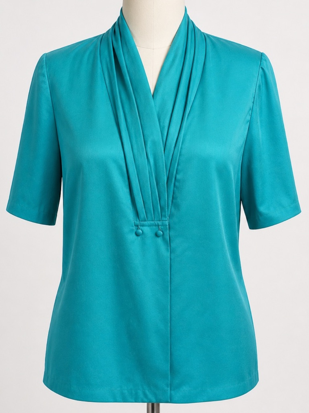 Vintage 70s Teal Pleated Blouse USA Made ILGWU Union Label Size 12 - Picture 2 of 7